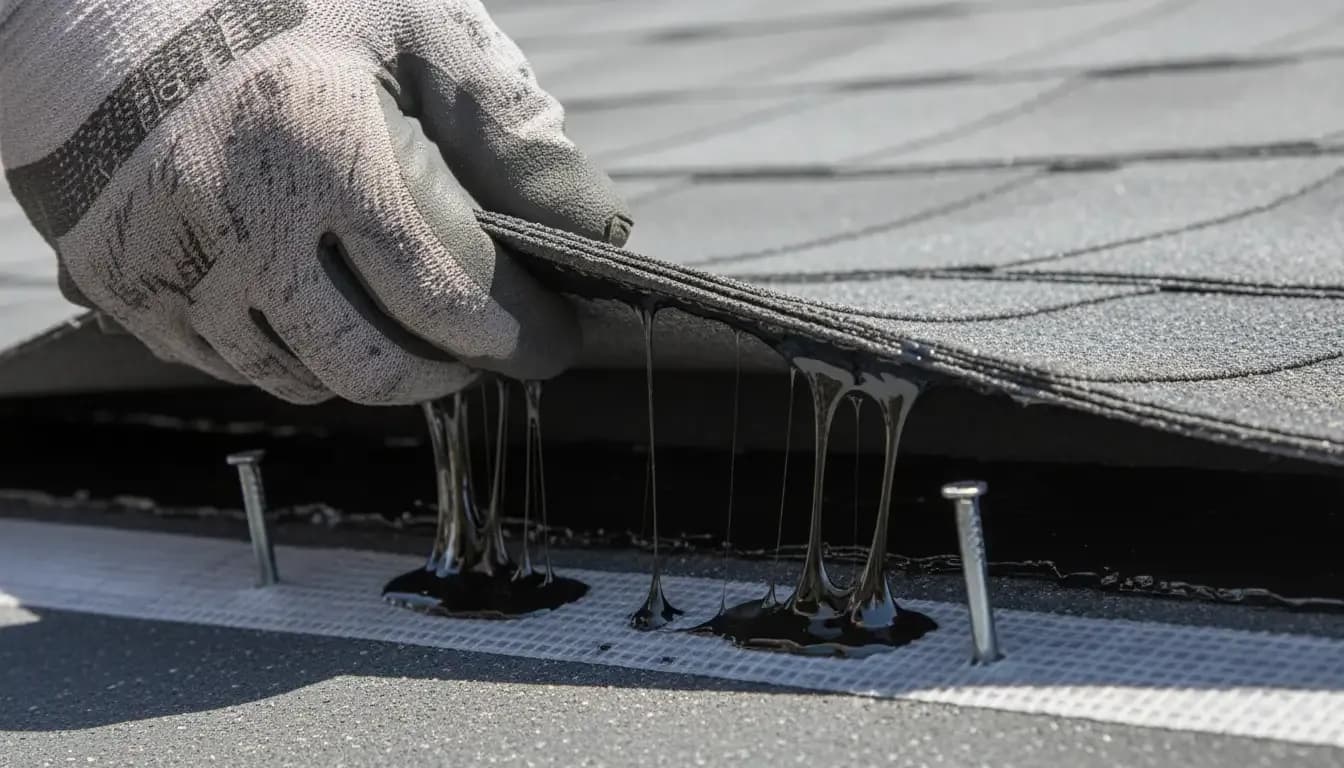 A close-up of a worker installing roofing shingles.