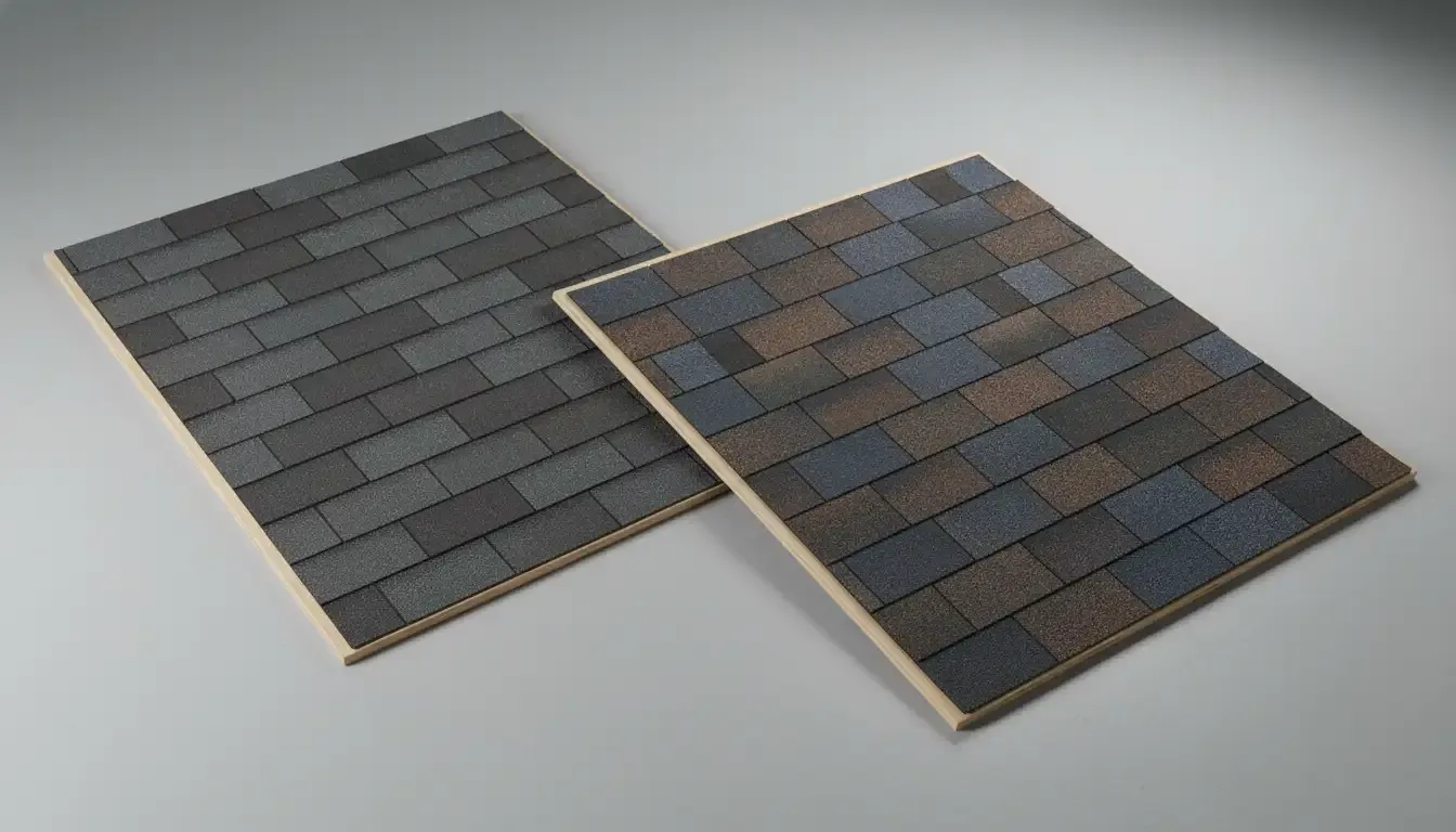 Samples of two different types of roofing shingles.