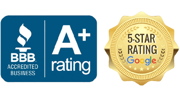 Badges for a Better Business Bureau (BBB) A+ rating and 5-star Google rating.